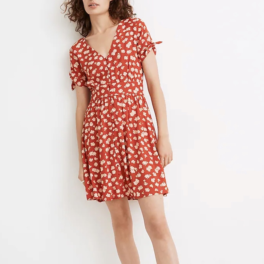 Madewell Button-Front Tie-Sleeve Retro Dress in Happy Hibiscus NWT